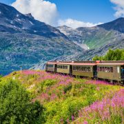 Alaska train passing through mountains in Skagway