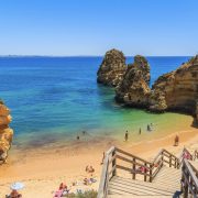 Wooden walkway to the beautiful beach Praia